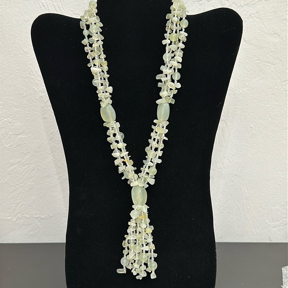 Jade Chip, Glass Bead & Stone Tassel Vintage Necklace